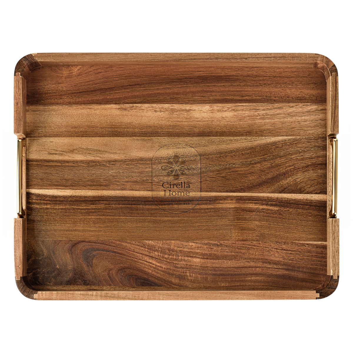 Cirella Home acacia wood serving tray with gold handles, top view
