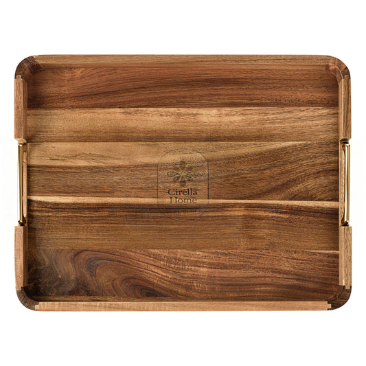 Cirella Home acacia wood serving tray with gold handles, top view