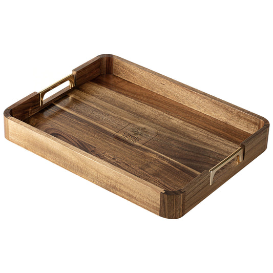 Acacia wood serving tray, three-quarter view