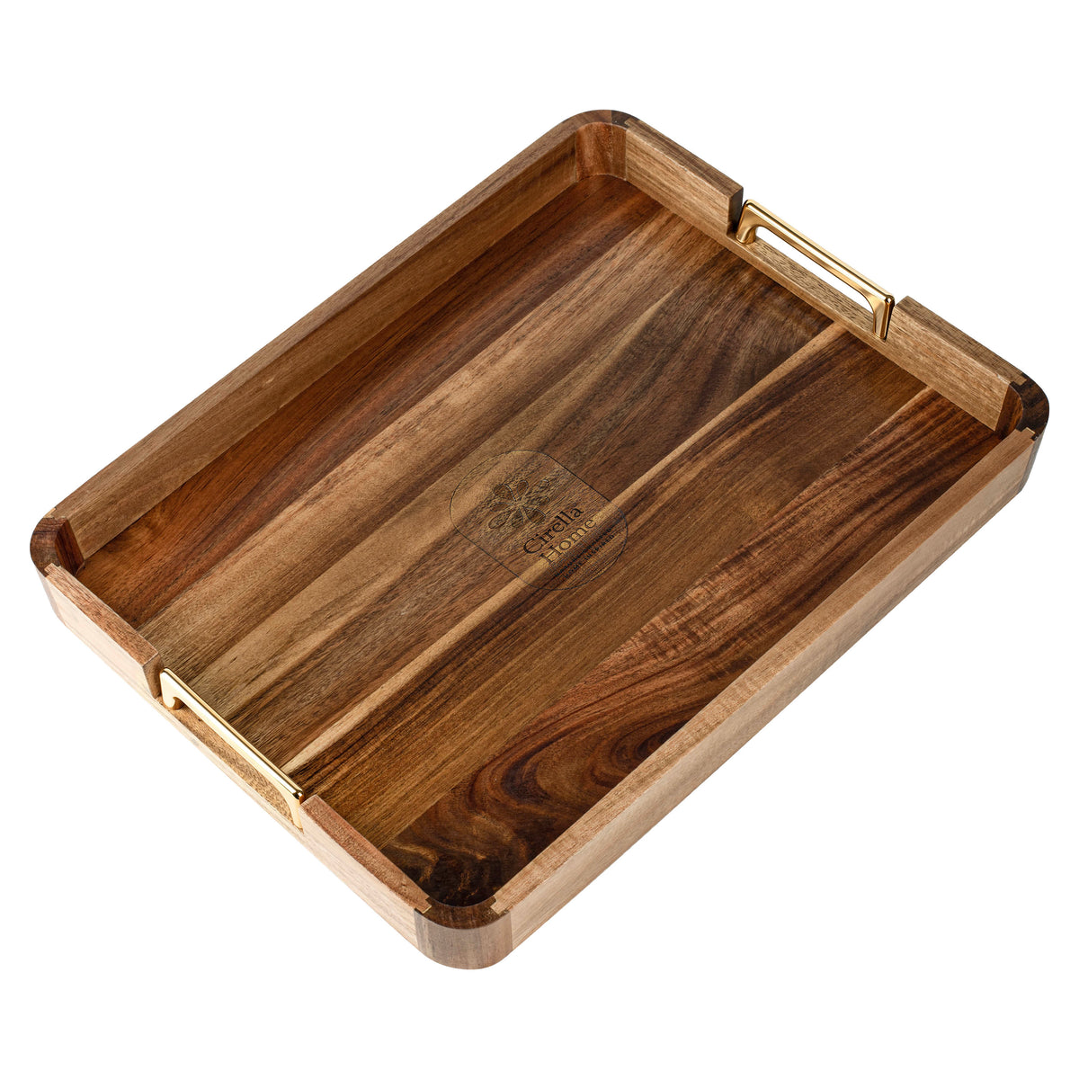 Acacia wood serving tray seen from the left