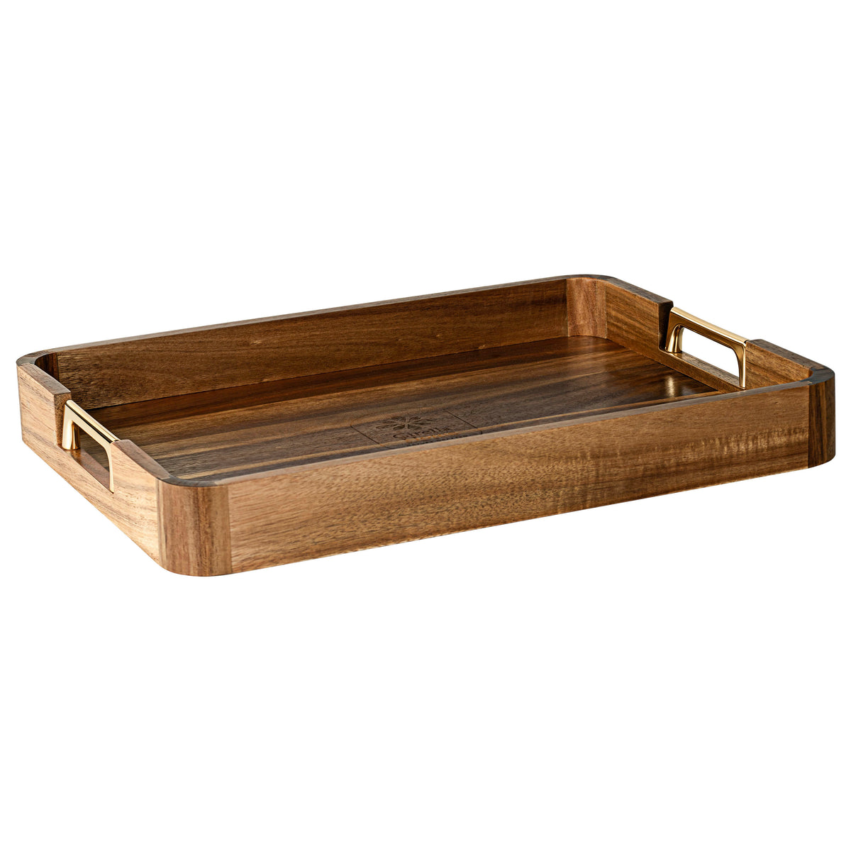 Acacia wood serving tray from a low angle