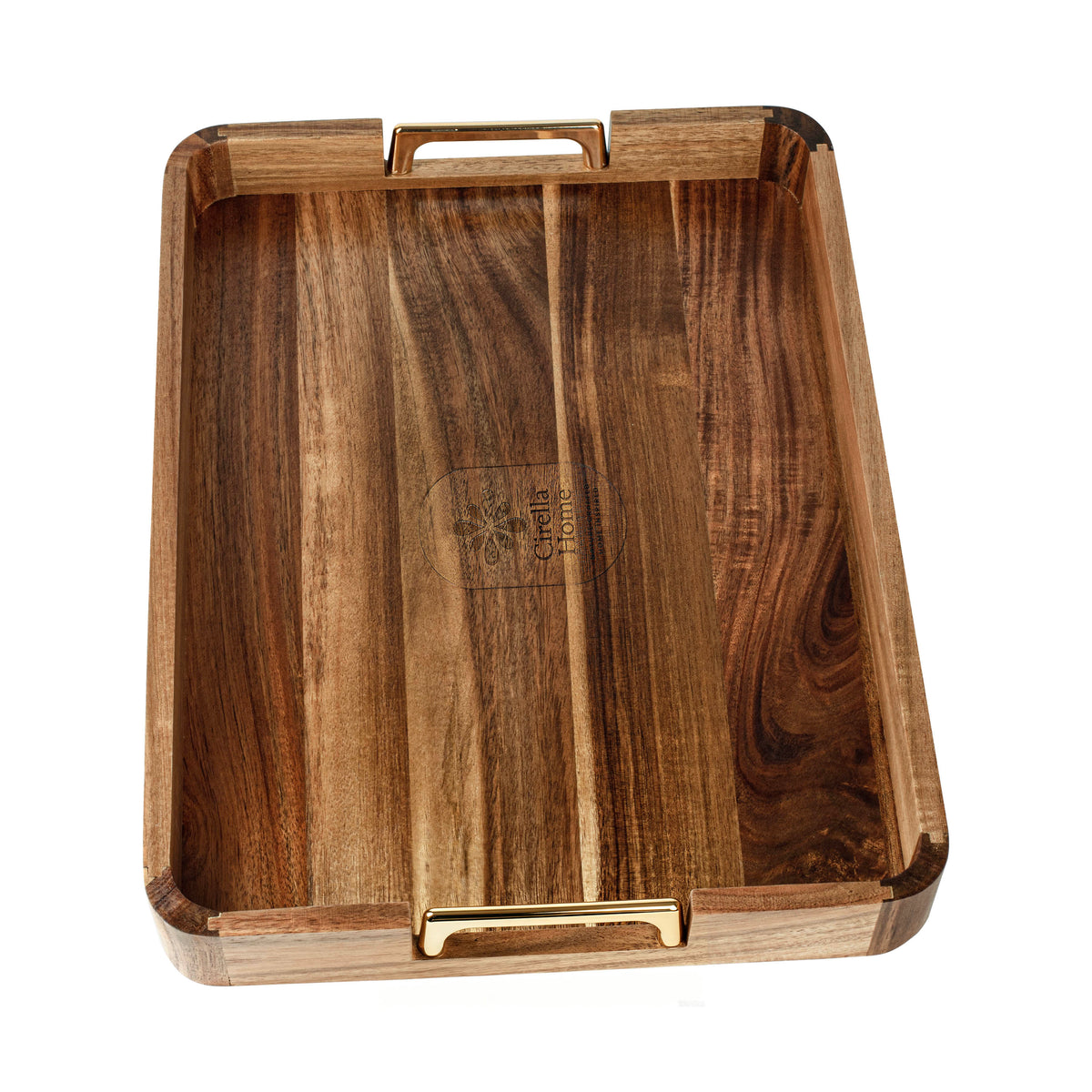 Acacia wood serving tray turned upright