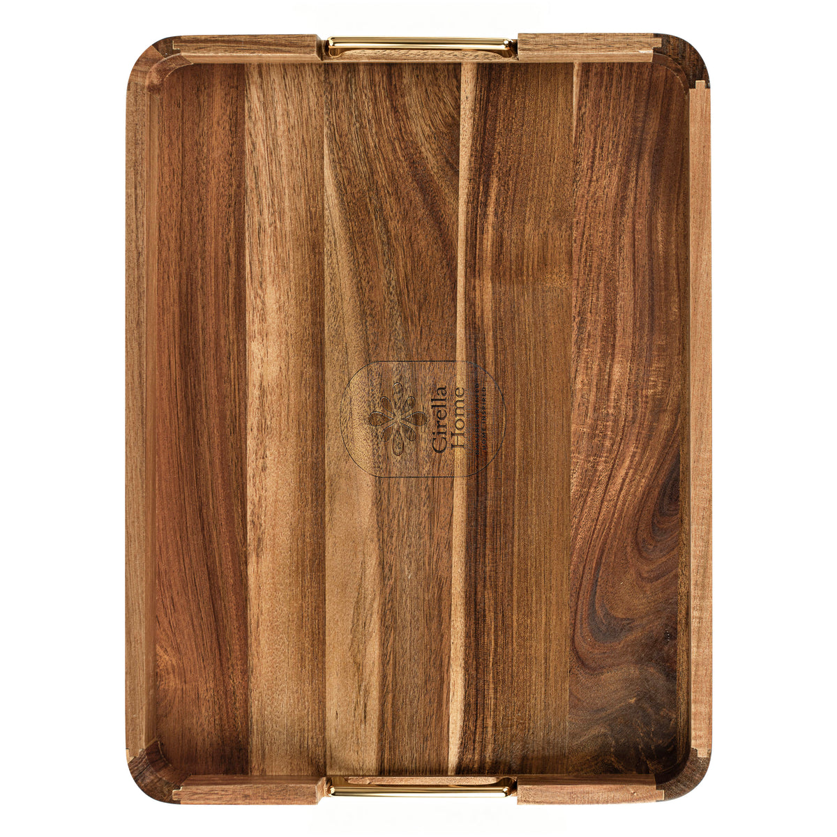 Acacia wood serving tray, top view in portrait