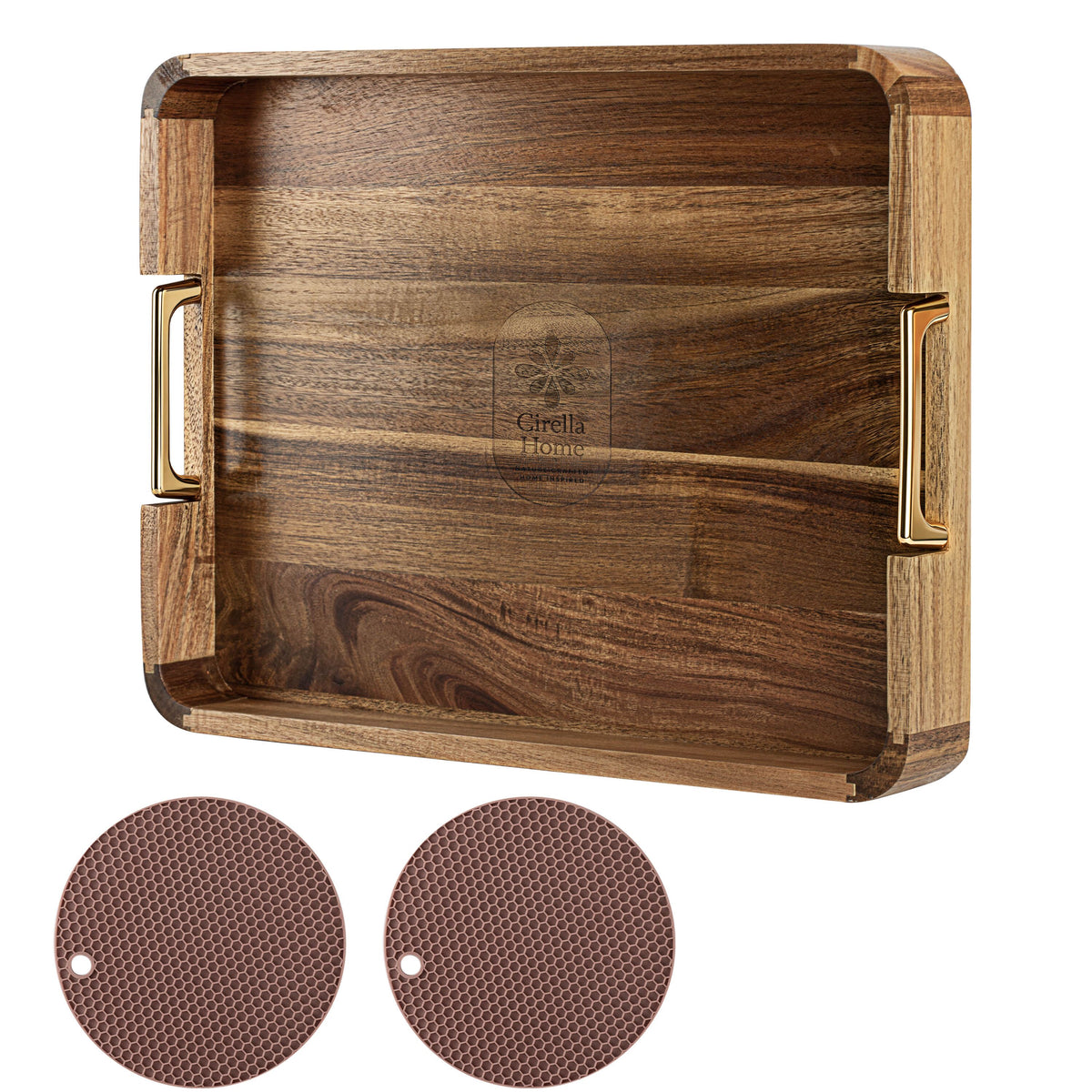 Acacia tray with the two included silicone trivets